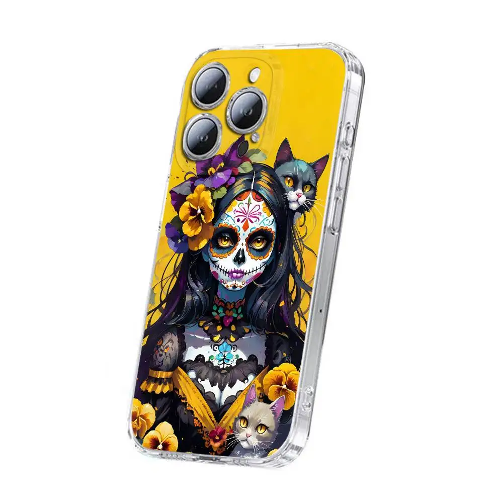 حافظة هاتف Skull Girl Catrina Day of the Dead Mexico لهاتف iPhone 17,16,15,14,13,12,11,Plus,Pro,Max,Plus,E,Air,Mini Transparent