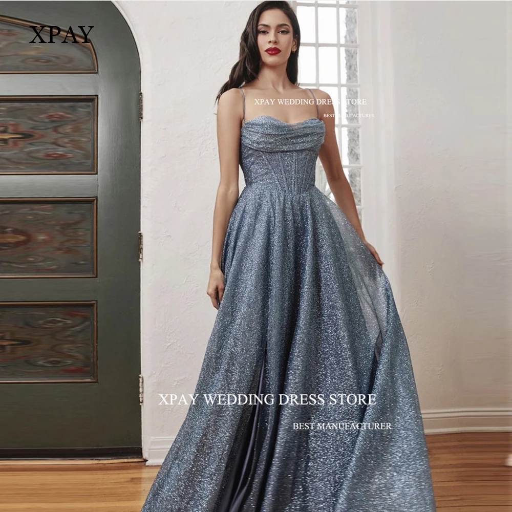 

XPAY Glitter Dusty Blue A Line Long Prom Dresses Spaghetti Straps Boning Sparkly Evening Gowns Plus Size Party Dress Vestidos