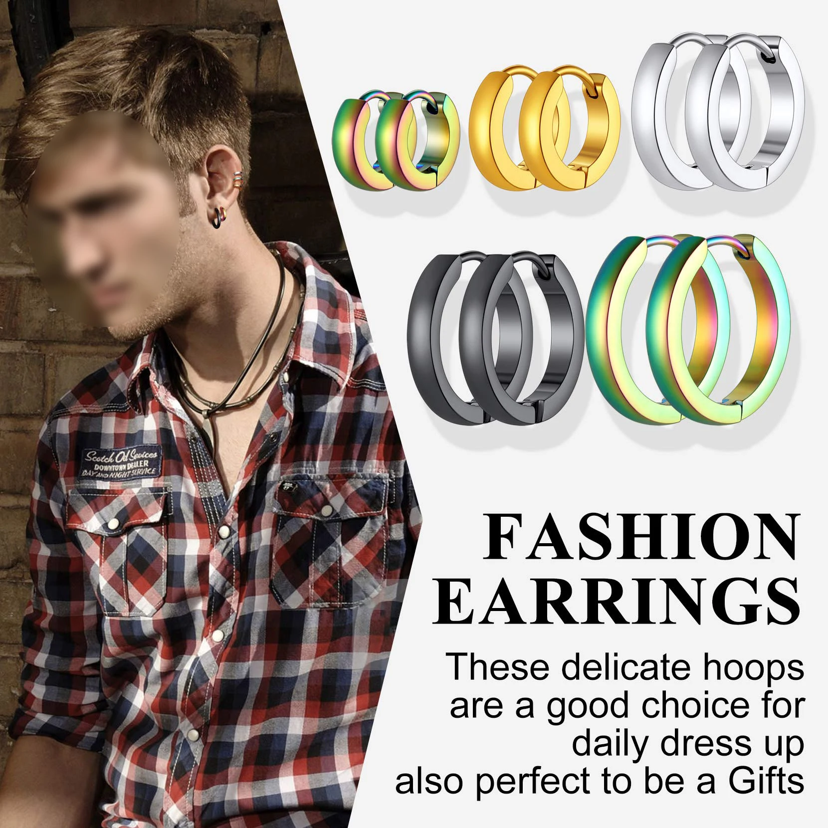 1/5 Pairs Punk Classic 3mm Wide Multiple Size Stainless Steel Round Smooth Circle Huggie Hoop Earrings for Men Women Ear Jewelry