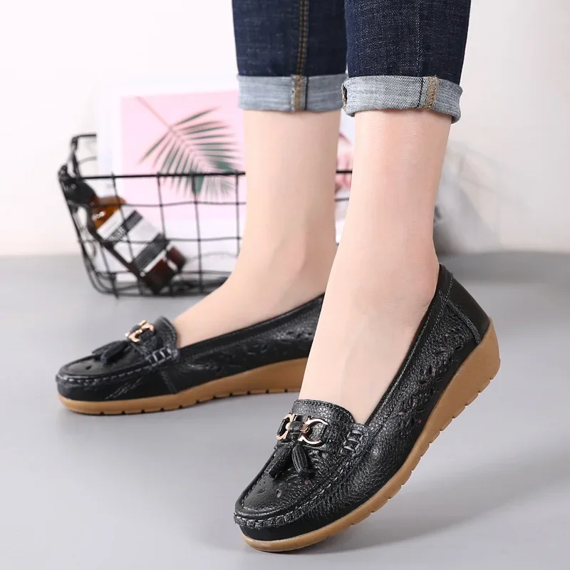 Women Flats Summer Women Genuine Leather Shoes With Low Heels Slip On Casual Flat Shoes Women Loafers Soft Nurse Ballerina Shoes