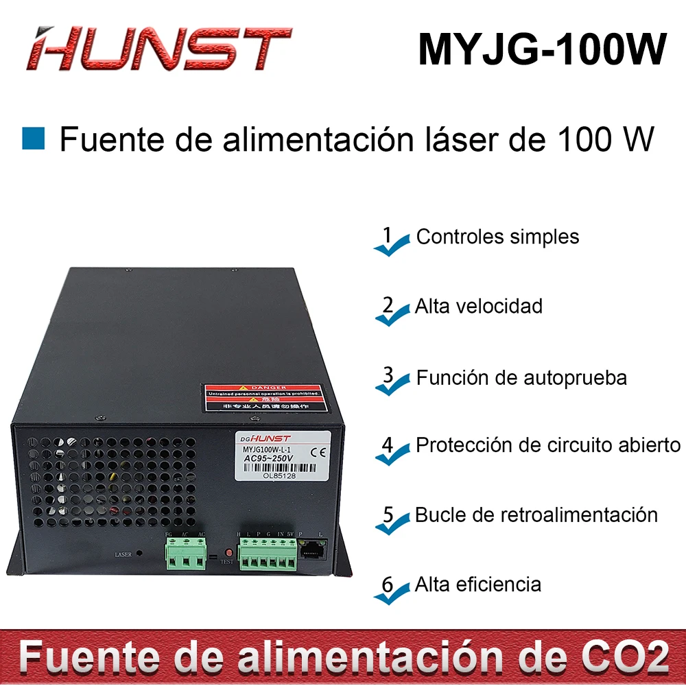 Imagem -05 - Fonte de Alimentação a Laser Hunst Co2 Suporta Tensão 95250v Usado para Máquinas de Corte e Gravação a Laser 80100w Myjg 100w