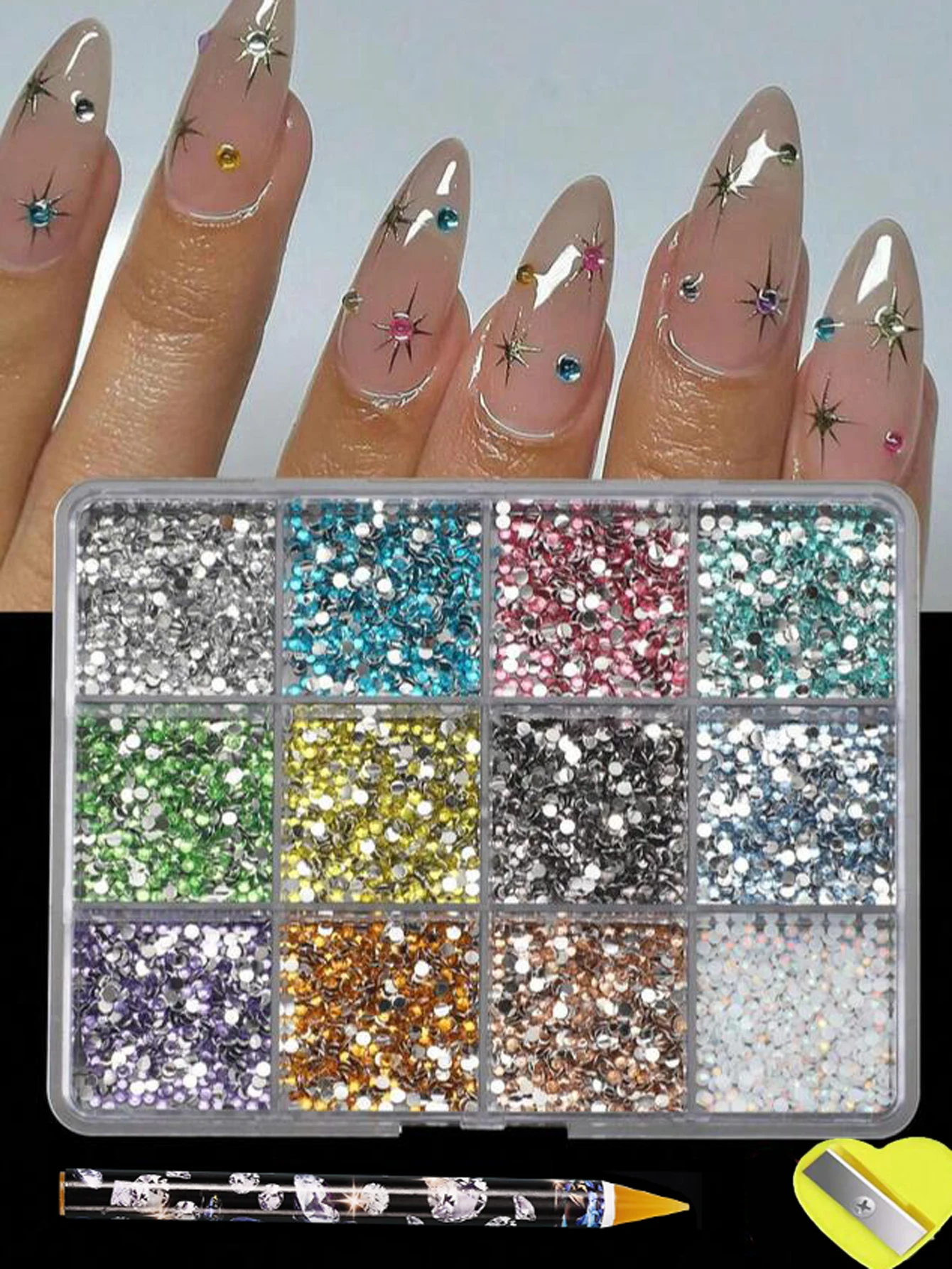 12 Grades (6000 peças) de Strass 3D de Resina para Nail Art + Ferramentas, Diamantes Brilhantes de 2mm para Unhas, Acessório DIY para Roupas, Capas de Celular e Manicure
