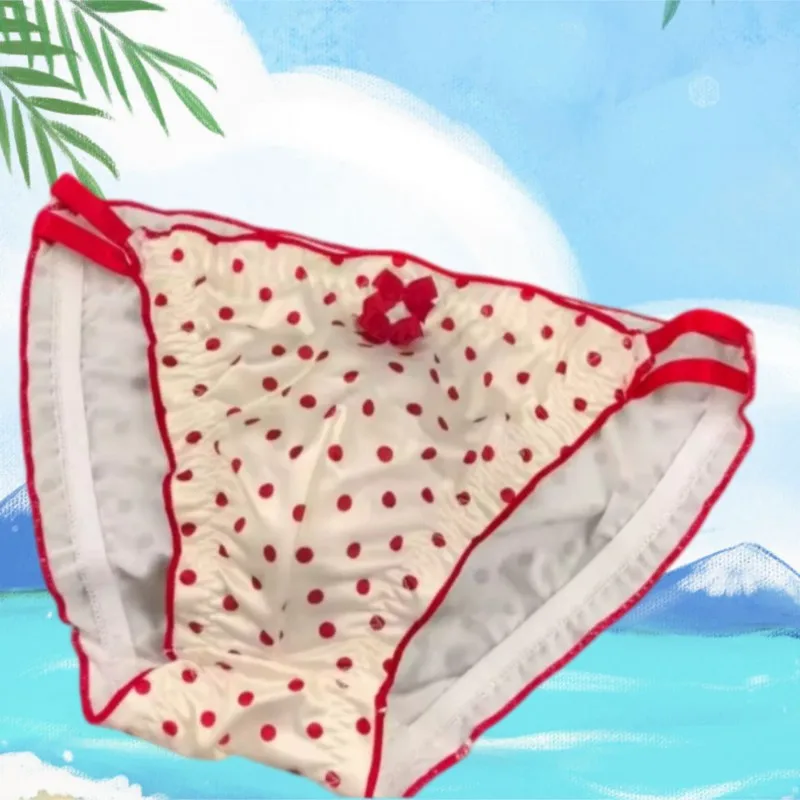 Men's Red Polka Dot Satin Underwear With Cute Bow Decoration And Sweet Ruffle Edge Double Strap Triangle Pants