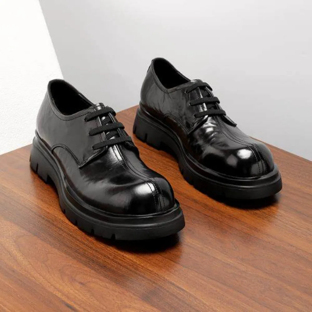 New Mens Genuine Leather Casual Shoes High End Designer Big Toe Cowhide Grain Thick Sole Height Increasing