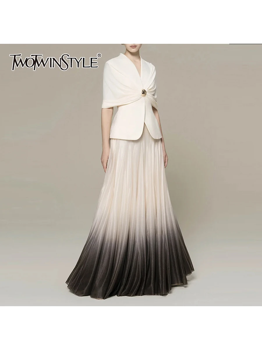 TWOTWINSTYLE Spliced Button Two Piece Sets for Women V Neck Cape Sleeve Tunic Top High Waist Ombre Skirt Elegant Set Female New