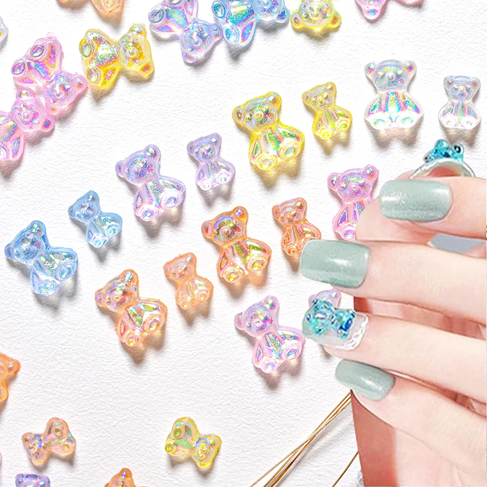 100pcs Mini Resin Gummy Bear Nail Charms Mixed Iridescent AB Candy Bear 7mm/9mm Aurora Bear Nail Parts Jewelry Making Nail Charm