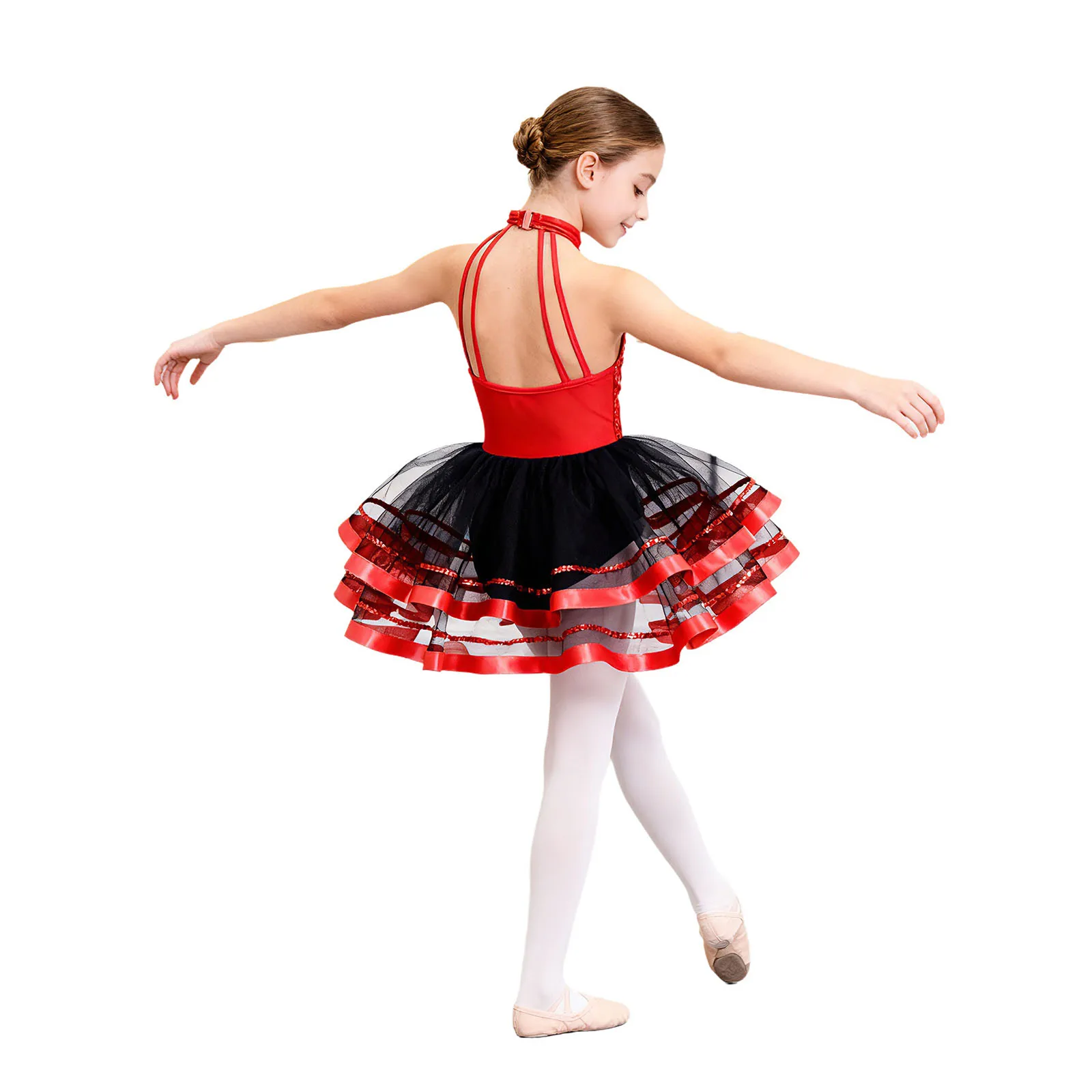 Glitzerndes Pailletten-Ballett-, Jazz- und Stepptanzkostüm für Mädchen, mit Neckholder-Oberteil und mehrlagigem Tüllrock für Wettbewerbe. – Detail 24
