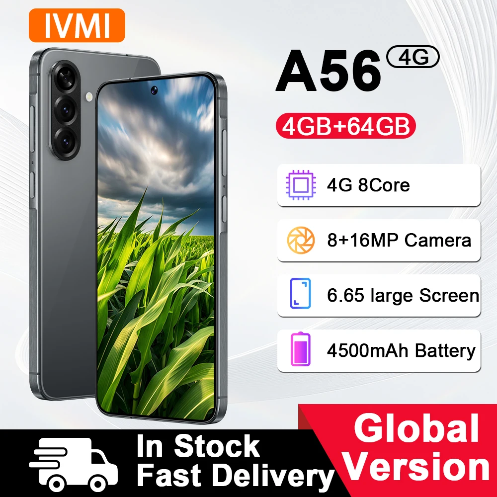 IVMI Global Vision A56 Smartphone Android 12 64GB ROM 6.65Inch 8+16MP Dual SIM Card GPS Face Unlock 4G Network Mobile Phones