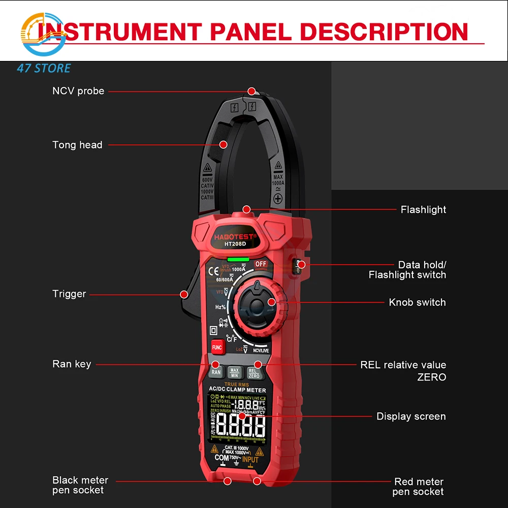 HT208D 1000A AC DC Digital Clamp Meter Multimeter 6000 Counts True RMS Auto-ranging Current Voltage Temp Capacitance NCV Tester