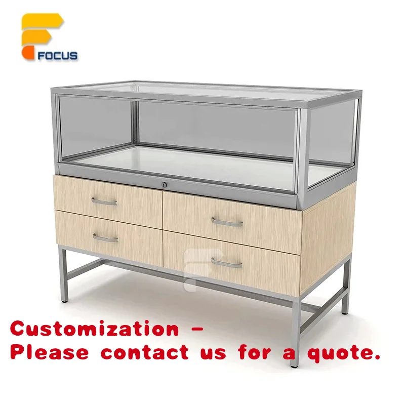 

Customize.Modern Glass Display Cabinet Metal Frame Multiple Shelves and Drawers Retail Product Showcase