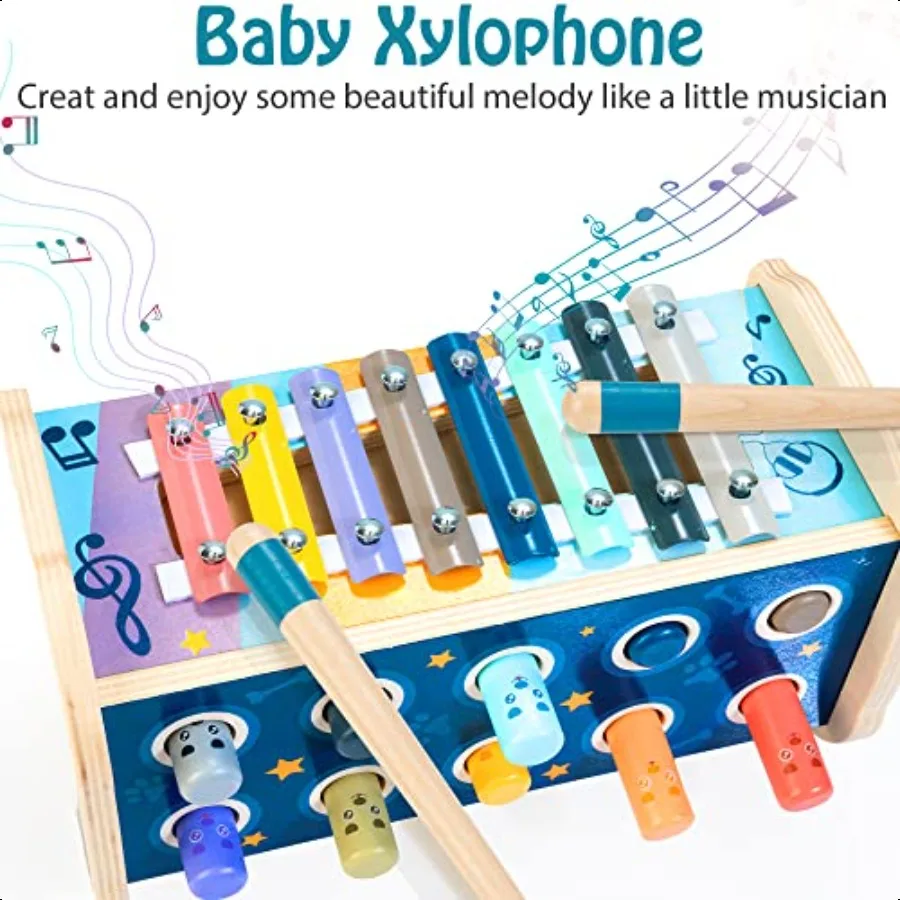 ウィル・モンタリ 1歳・2歳児向け木製ハンマリングアクティビティボード、シロフォン、数字迷路、叩き台教育玩具