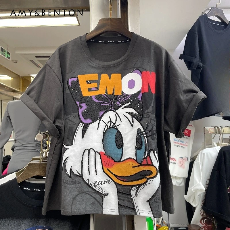 

Милая милая короткая футболка Y2k, осенне-зимняя новая корейская футболка с мультяшным принтом, свободные женские футболки большого размера в европейском стиле с короткими рукавами