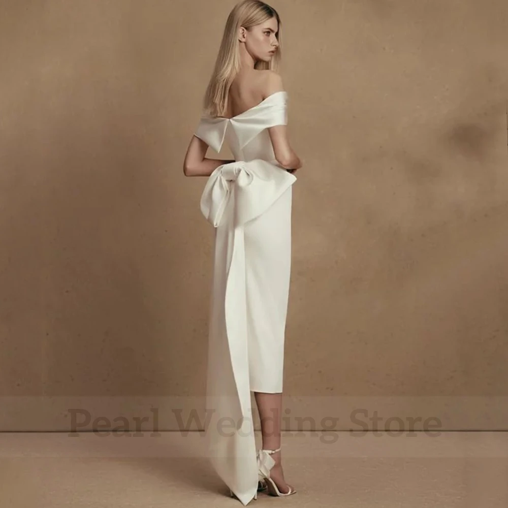 Vintage Sheath Mid Calf Wedding Dress Off the Shoulder Short Sleeve with Belt Pleat Bridal Civil Gowns Elegant Backless with Bow