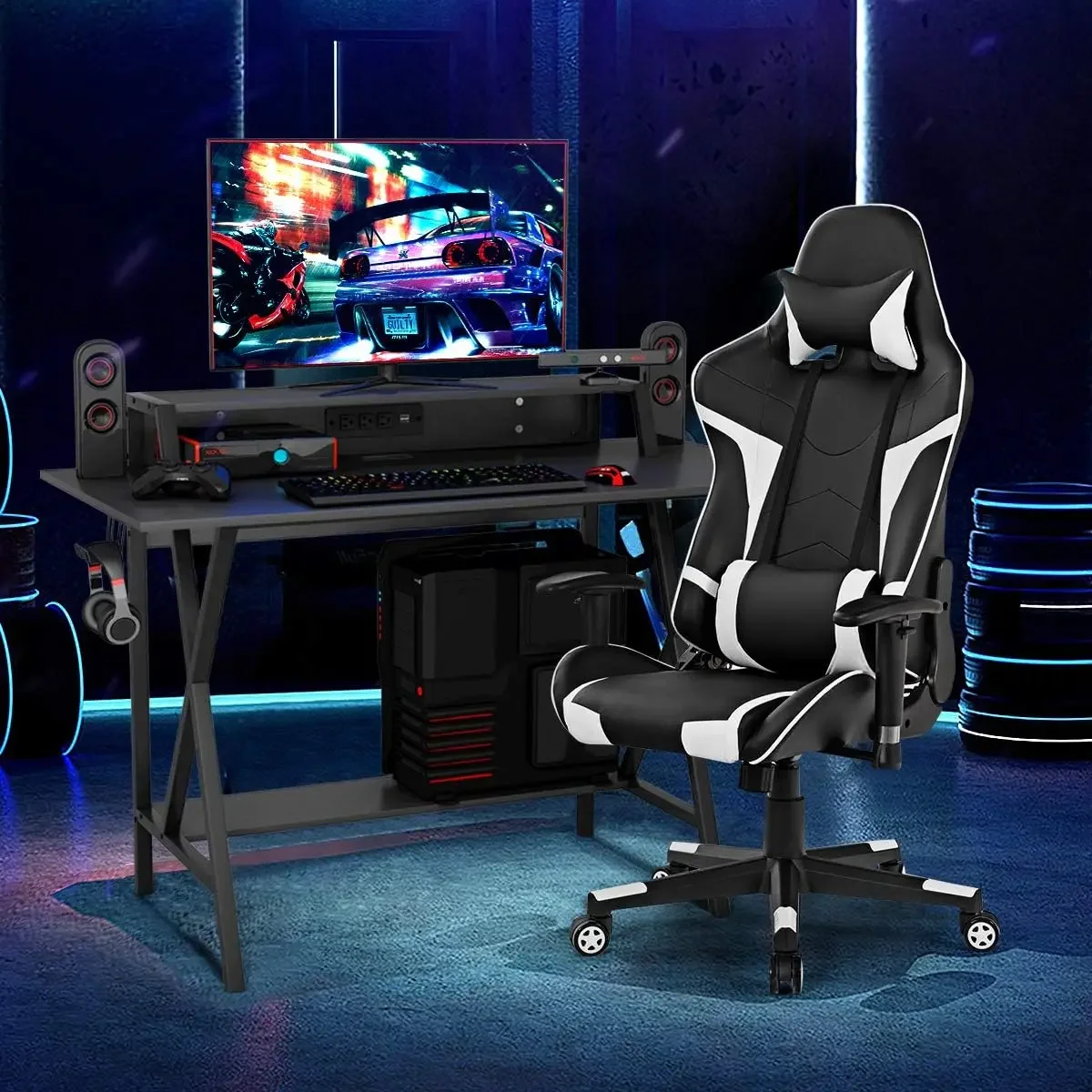 Conjunto de mesa e cadeira para jogos, mesa ergonômica para jogos e-sports e conjunto de cadeiras de corrida com suporte para copos, suporte para monitor, gancho para fone de ouvido