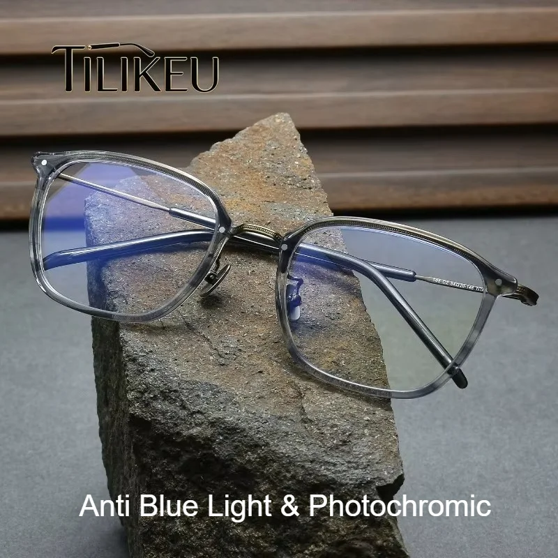 Vintage Acetate Titanium Square Anti Blue Light Prescription Glasses Men Full Frame Widened Large Face Photochromic Glasses 54mm