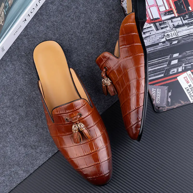 Men's Casual Genuine Leather Half Slippers Shoes Slip-on Street Style Original Designer New Arrival Office Fashion Lazy Man Shoe