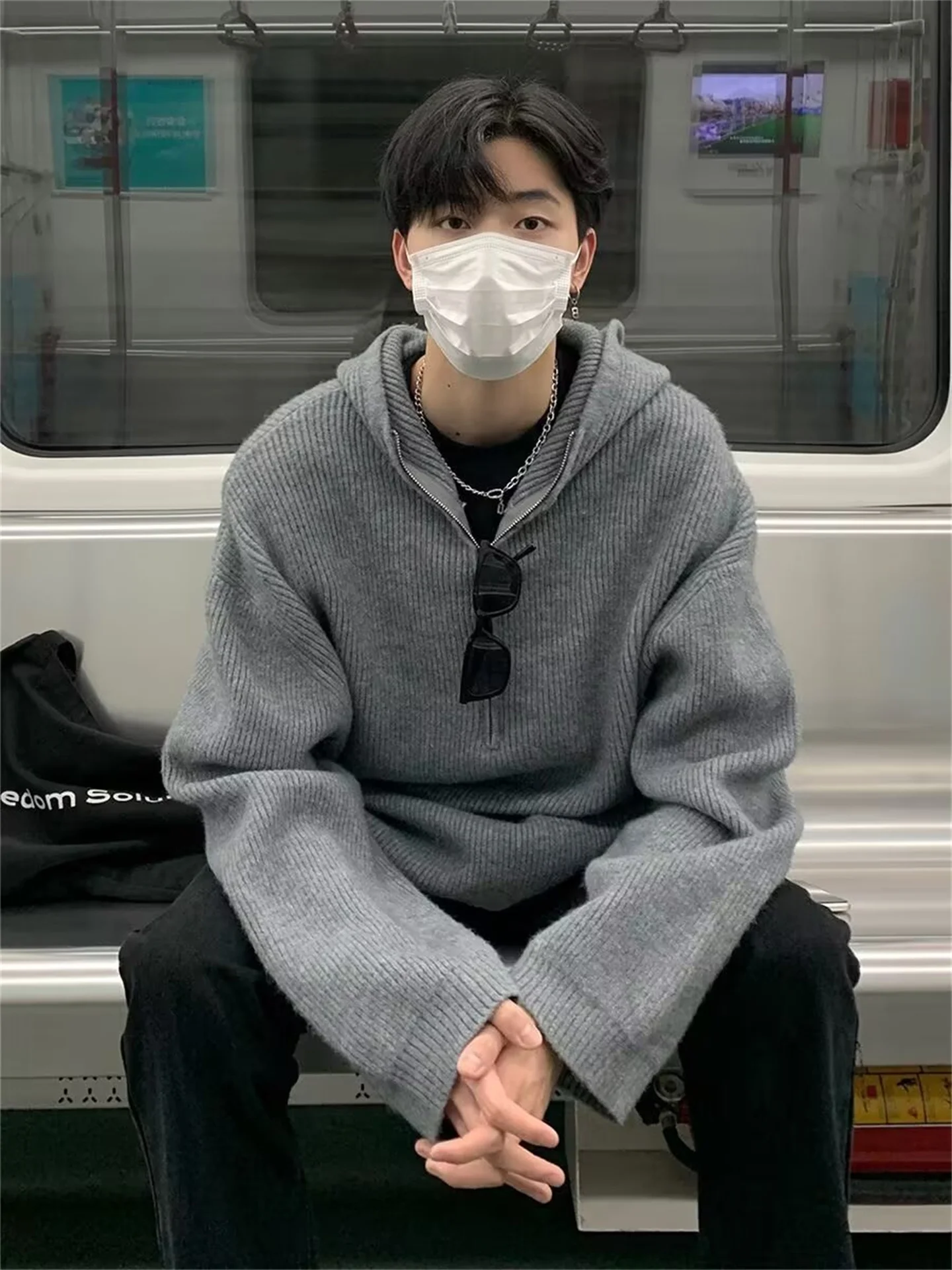 

ay Knitted Thiened Hooded Sweater f Zipper Autumn Winter Men's Casual Pure Color Couple's Top Soft Long Sve Knitwear