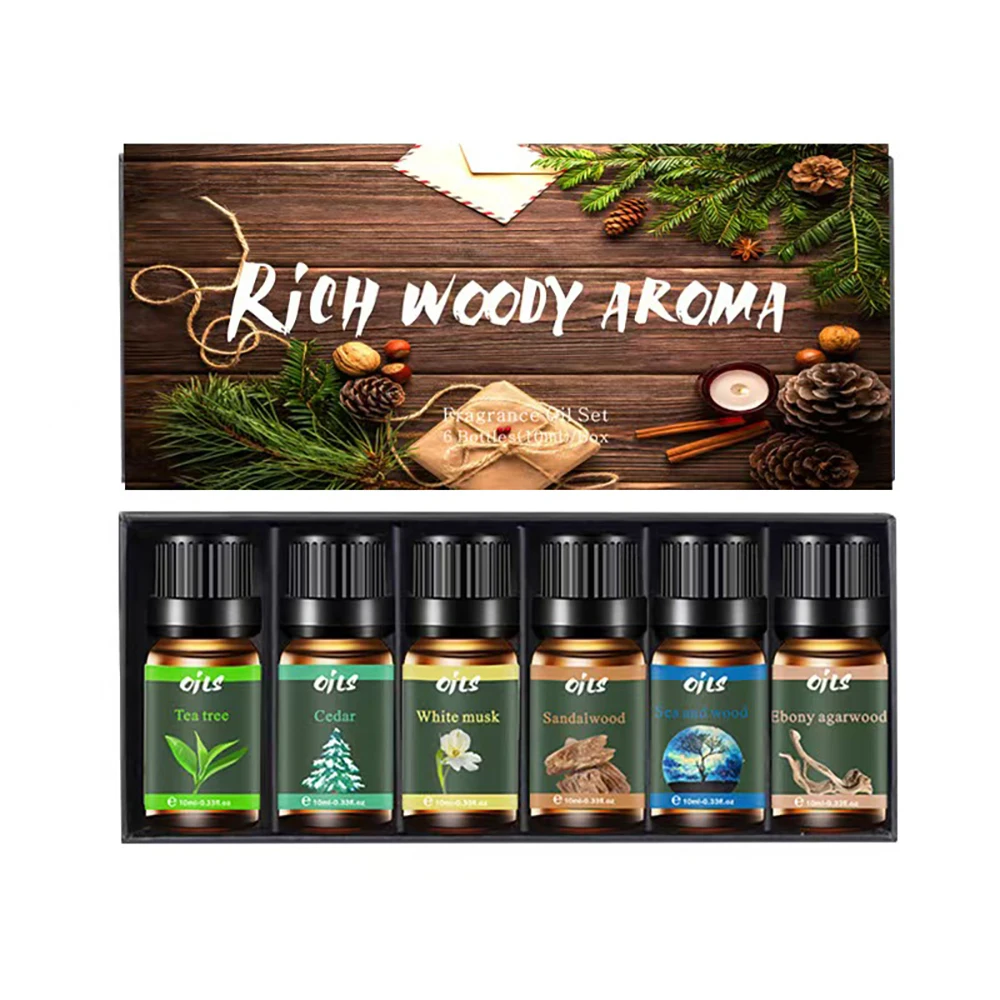 

Ship From US. 6 Piece Premium Essential Oil Set with 6 Fragrances (Ebony Agarwood/Sandalwood/Tea Tree) Aromatherapy Oils for D
