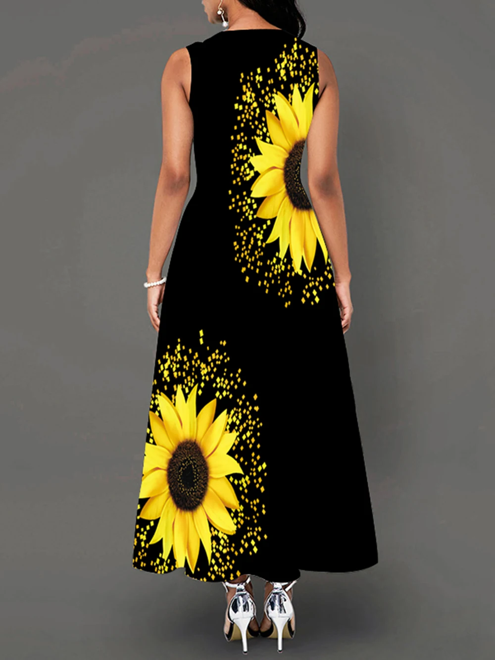 Ladies Spring Summer Long Dress Women Black Sleeveless V-neck Pockets Party Dresses Elegant Sunflower Print Casual Vintage Dress