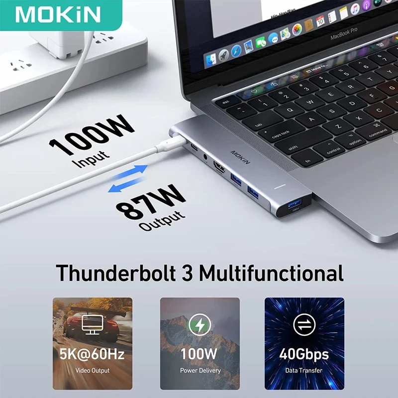 MOKiN USB C Adapter 4K HDMI 60Hz USB C 3.0 Adapter SD/TF PD 100W Thunderbolt 3 HUB Video for Macbook Pro Computer Accessories