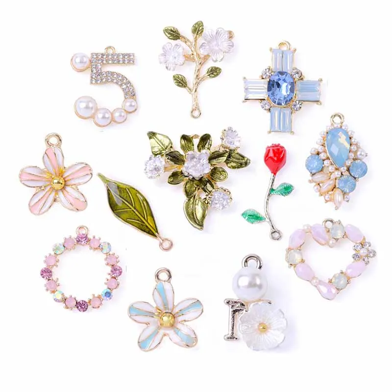 5 pçs mix estilos liga de metal kc ouro gota encantos de óleo esmalte flores pingente para diy pulseira colar jóias fazendo acessórios