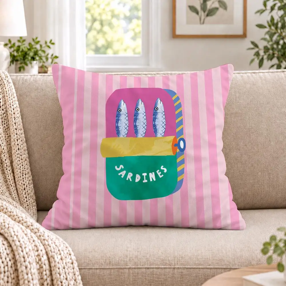 Bright Sardine Can On Pink Stripes Cushion Cover Short Plush Double-Sided Printing Sofa Bedroom Pillow Case Aesthetic Home Decor