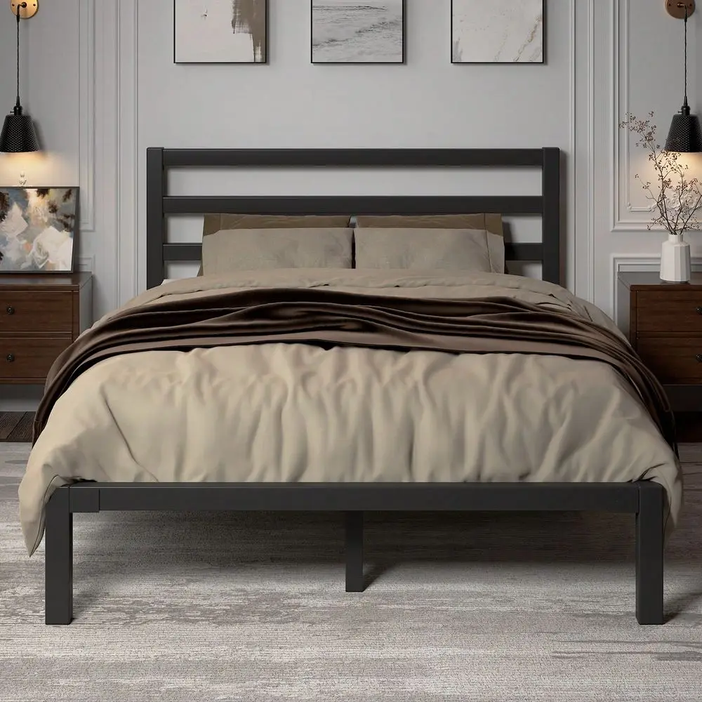 Full Queen Size Bed Frame With Under Bed Storage, Metal Platform Bed Frame With Headboard, Metal Slats Support, No Box Spring N