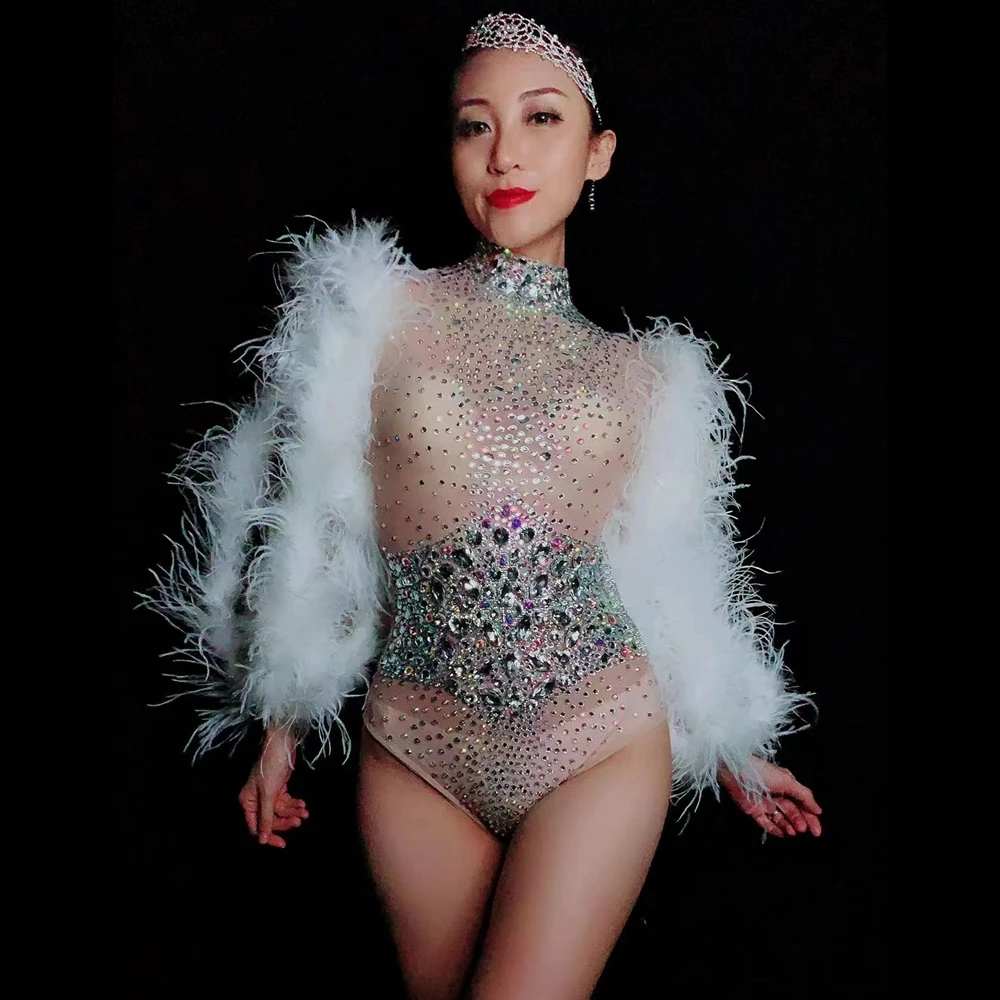 Sparkly Rhinestones Feathers Sleeves Leotard Sexy Mesh Transparent Dance Bodysuit Women Singer Dancer Stage Performance Costume