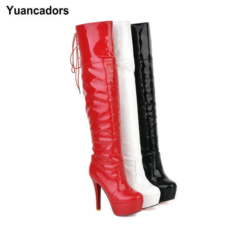 

Big Size 32-52 Patent PU Leather Red Black Spike High Heels Stiletto Shoes Overknees Back Lace-up Platform Over-the-knee Boots