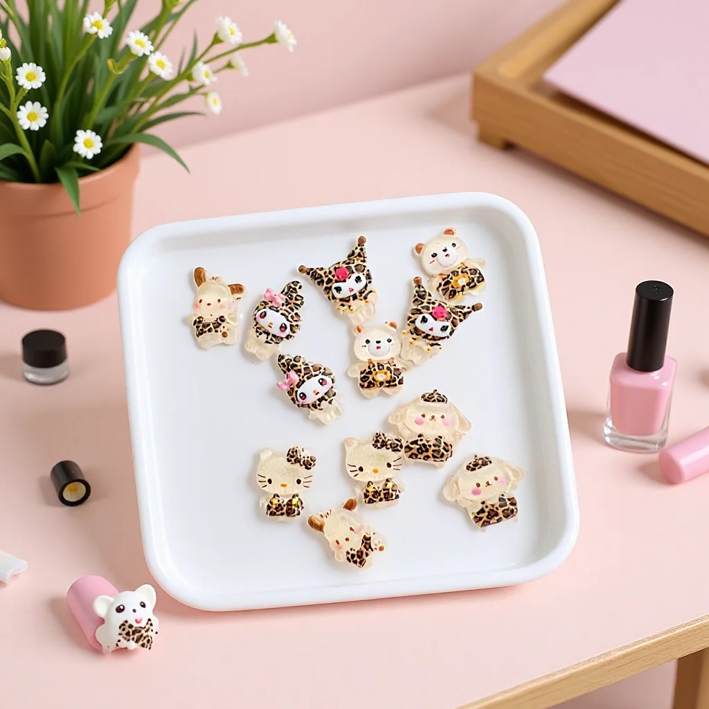 

10pcs Cartoon Leopard Maillard Print Pattern Hello Kitty Melody Kuromi Nail Accessories Cute Mini Resin Manicure Trinket Toys