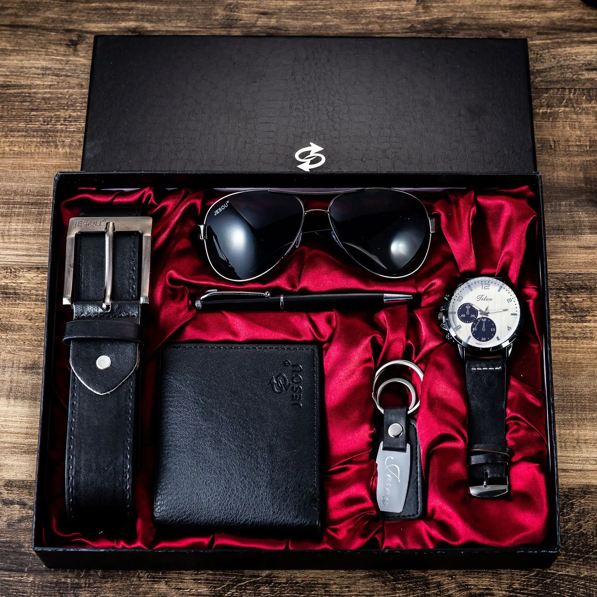 Men's Gift Set with Box Quartz Watch Keychain Sunglasses Ballpoint Pen Belt and Wallet Set for Men Birthday Gifts Drop Shipping