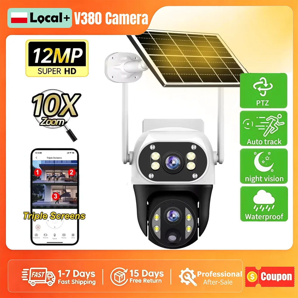 Caméra solaire V380 avec carte SIM 4G, double objectif 12MP, moniteur 3 écrans, vision nocturne, protection de sécurité, surveillance vidéo PTZ 360°