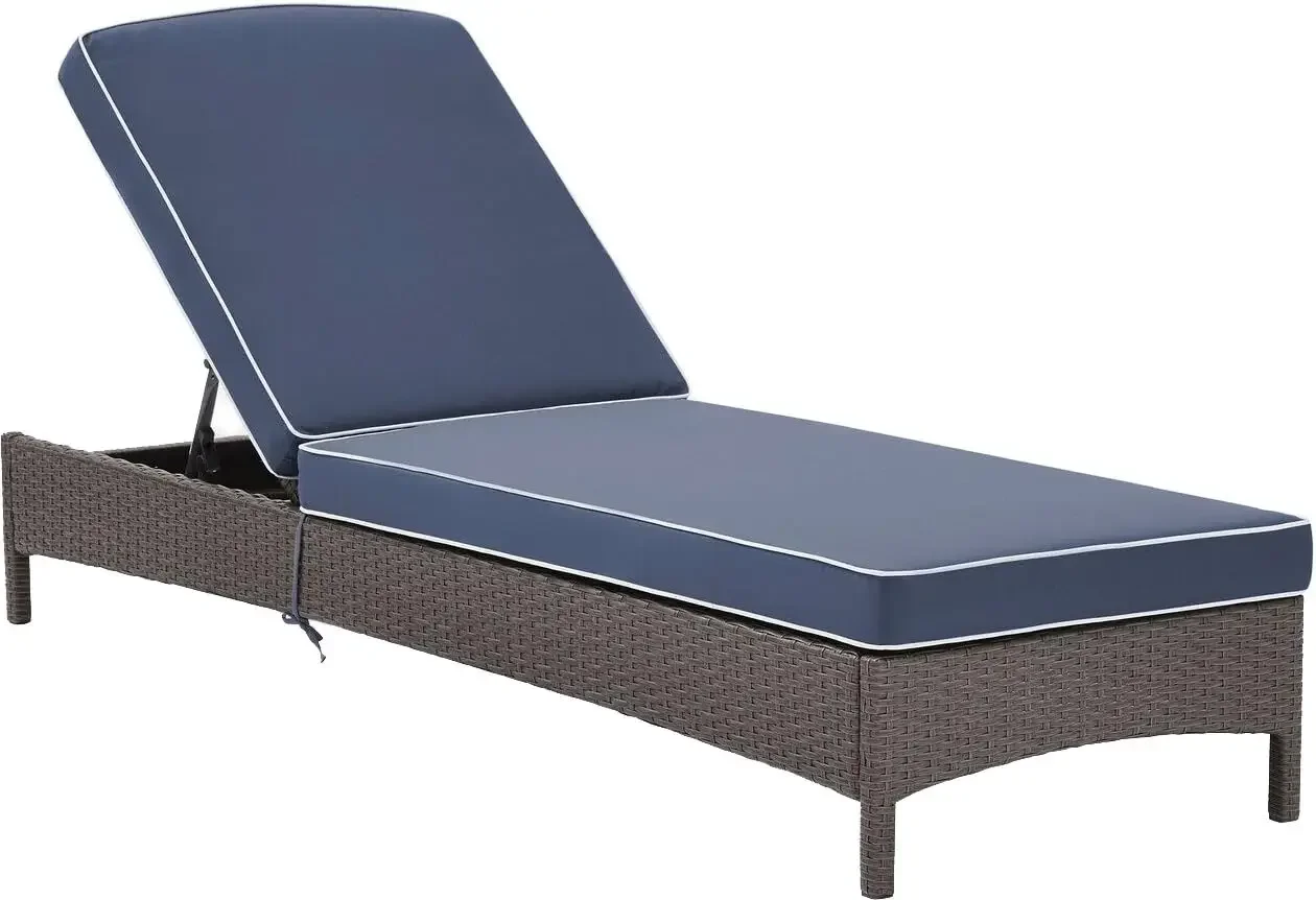 Palm Harbor Outdoor Wicker Chaise Lounge with Navy Cushions - Grey