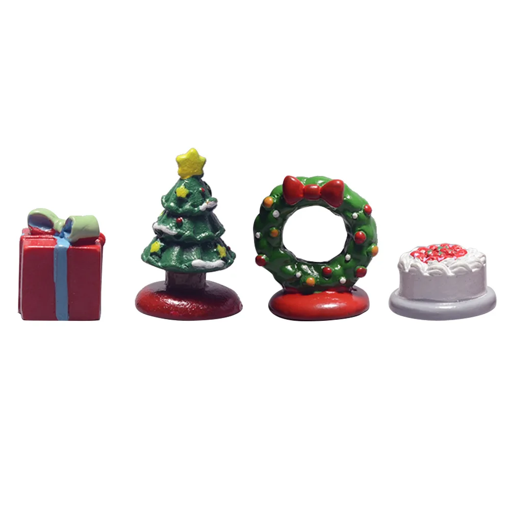 

4 Pcs Christmas Decoration Tree Wreath Cake Gift Desktop Resin Ornament Miniature Landscape Accessory