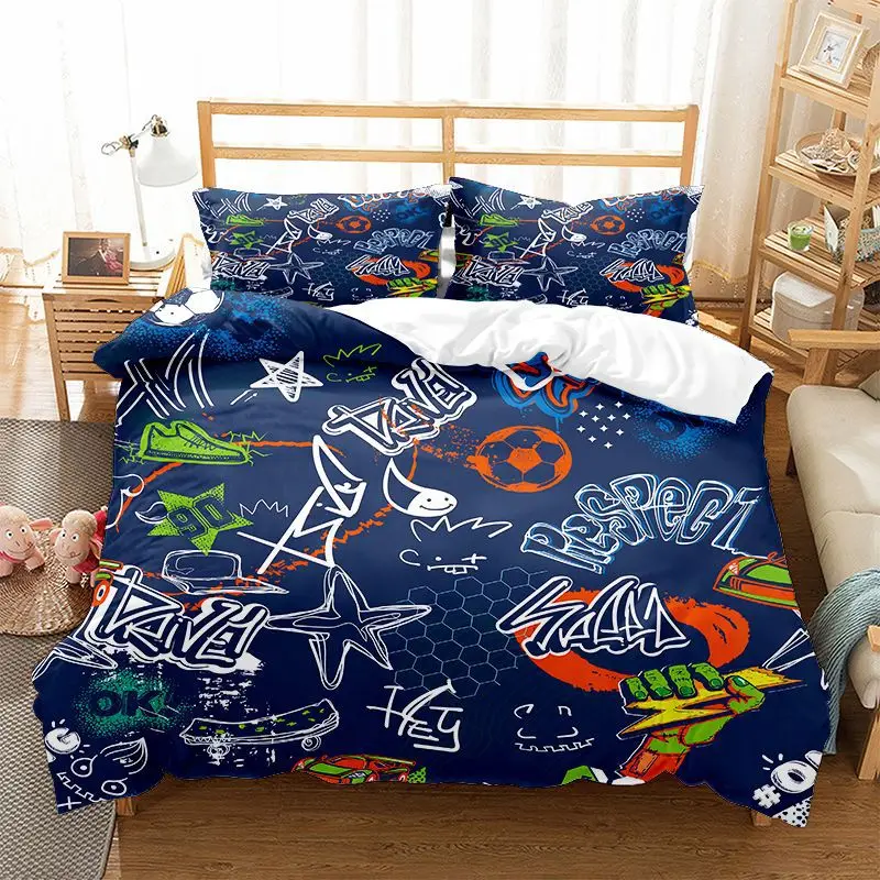 

Graffiti Duvet Cover Set Cute Hip Hop Style Polyester Comforter Cover With Pillowcase Queen Full Size For Kid Teen Bedding Set