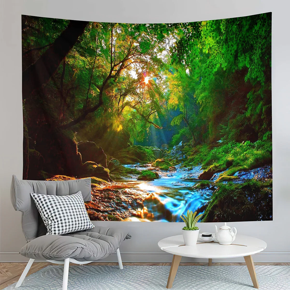 Nature Forest Tapestry Woodland Stream Tapestry Green Fresh Sunshine Tapestry Aesthetic Home Tapestries for Living Room Bedroom