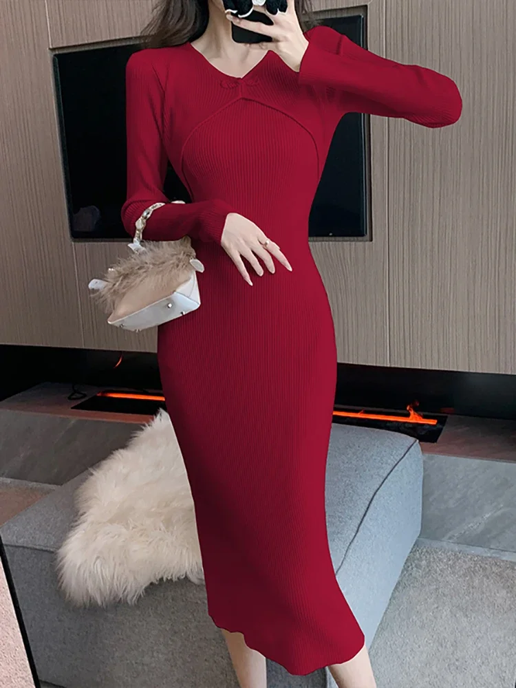 2024 Autumn Winter Red Knitted Sweater Dress Korean Elegant Casual Home Dress Female Fashion Bodycon Chic New Features of Dress