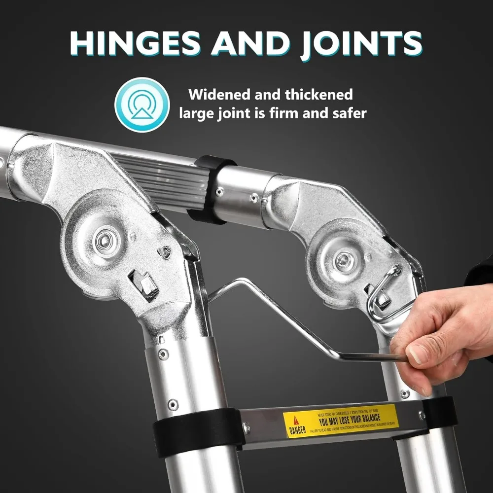 سلم تصغير مدمج من الألومنيوم بطول 16.5 قدم مع منصة أدوات وقضيب تثبيت، تصميم محمول على شكل حرف A للأماكن الخارجية