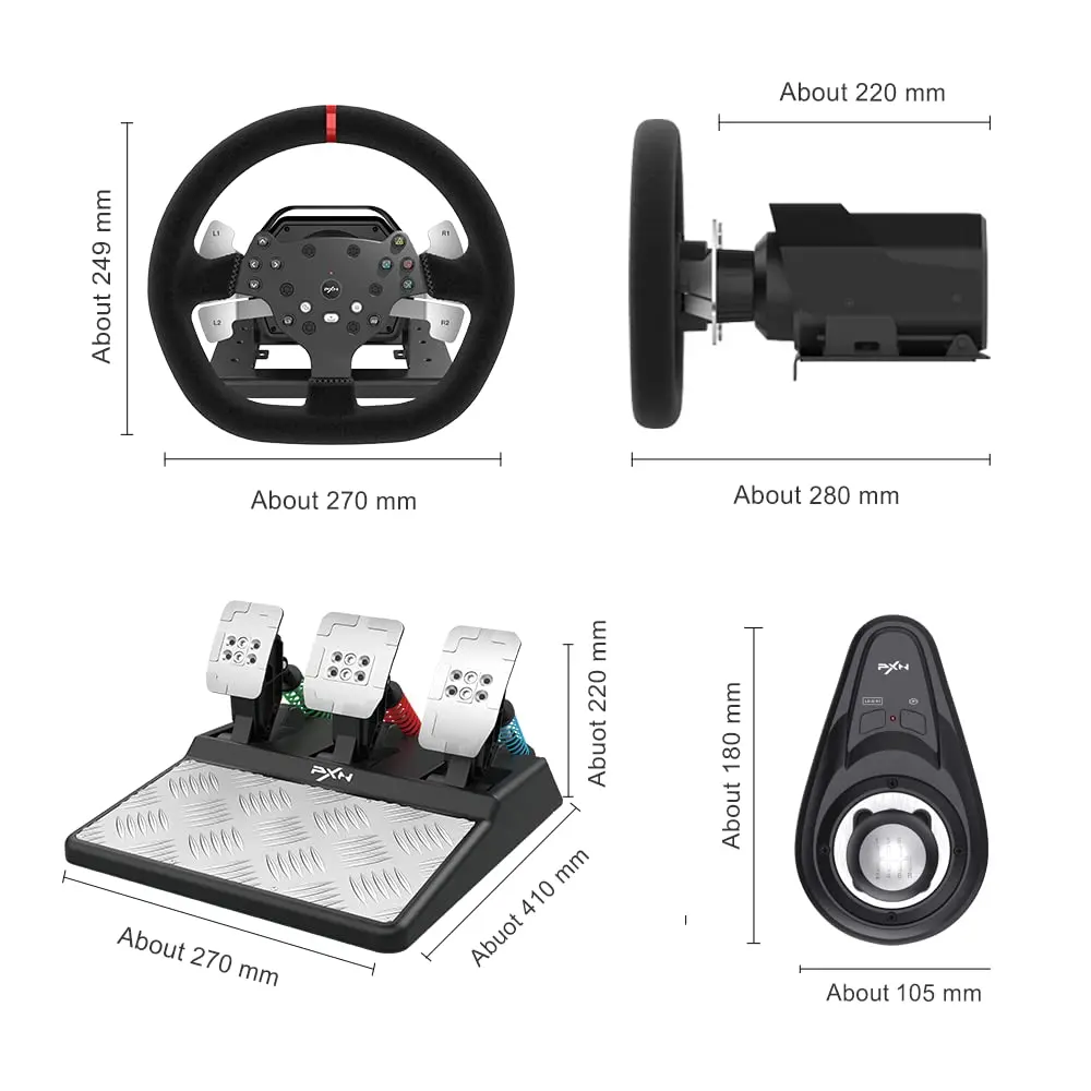 Volant de jeu PXN V10 avec rotation à 270/900 degrés, simulateur de course, PC Windows 7, 8, 10, 11, PS4, Xbox One, Xbox Series