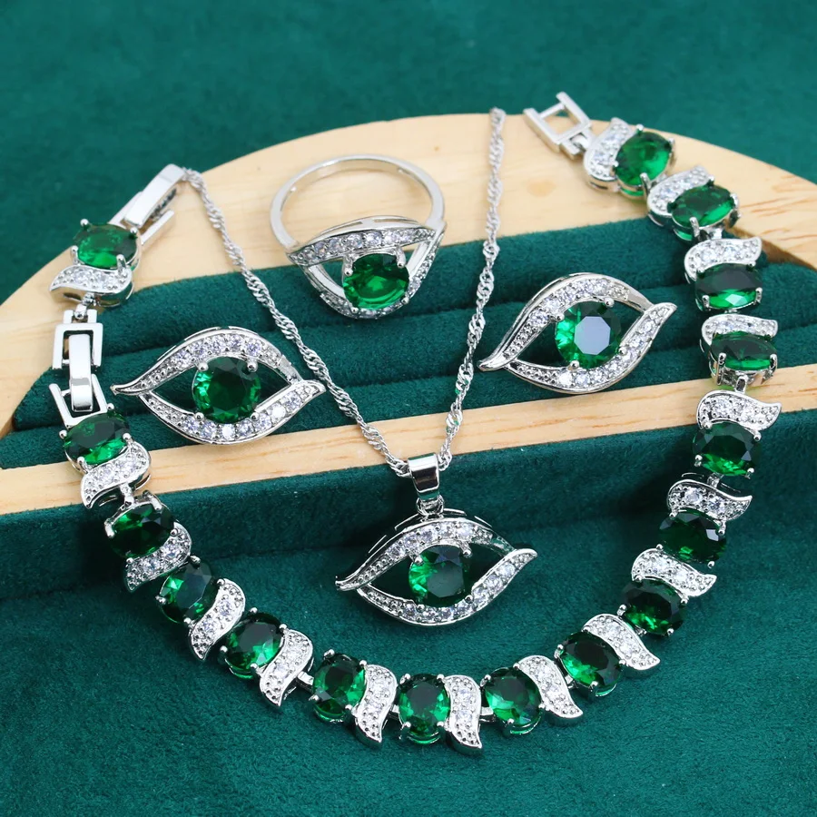 Silver Color Jewelry Sets Green Zirconia Jewellery Wedding Rings Earrings Pendant Bracelets Necklace For Women Mother Day Gift