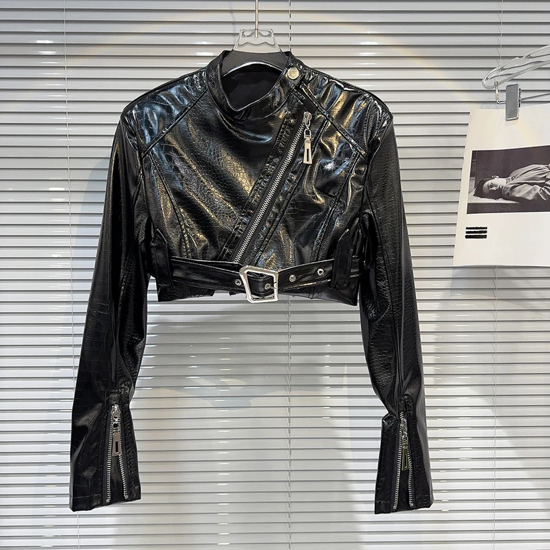 Autumn new spicy girl diagonal zipper crocodile leather pattern PU leather jacket+iron ring niche design long skirt set