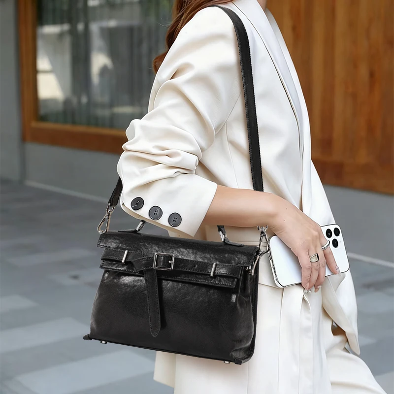 

Genuine cowhide leather women's handbag, vintage distressed small square bag, crossbody shoulder commuter phone bag