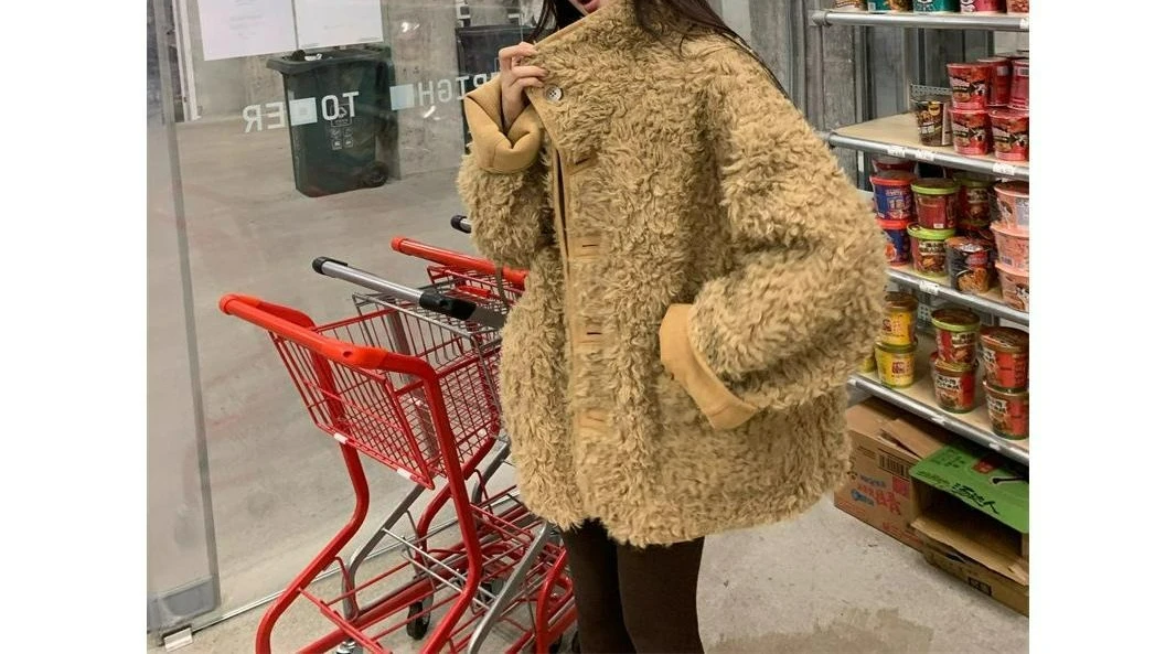 معطف ذو وجهين للنساء معطف شتوي سميك وفضفاض من صوف الضأن #5