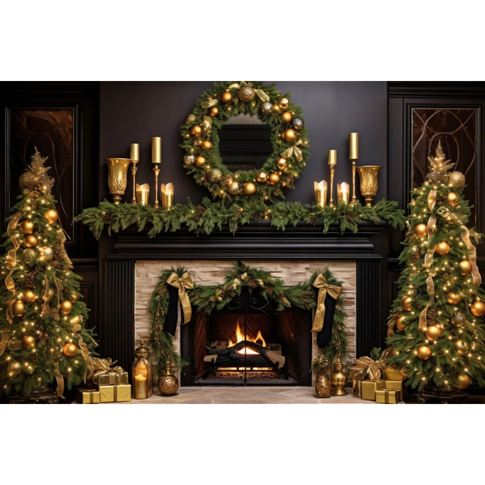 Christmas Tree Fireplace Backdrop Xmas Gifts Wreath Bell Brick Wall Kids Portrait Family Party Photography Background Room Decor