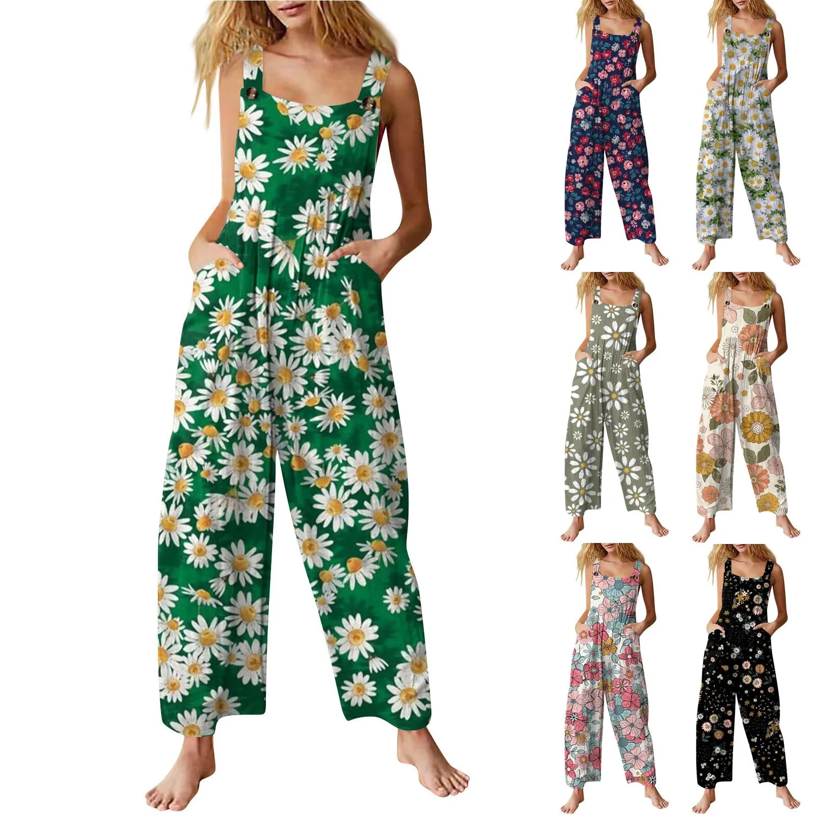 Women Daisy Print Jumpsuits Daily Casual All-Match Overalls Jumpsuits Comfy Adjustable Straps Loose Straight Rompers With Pocket