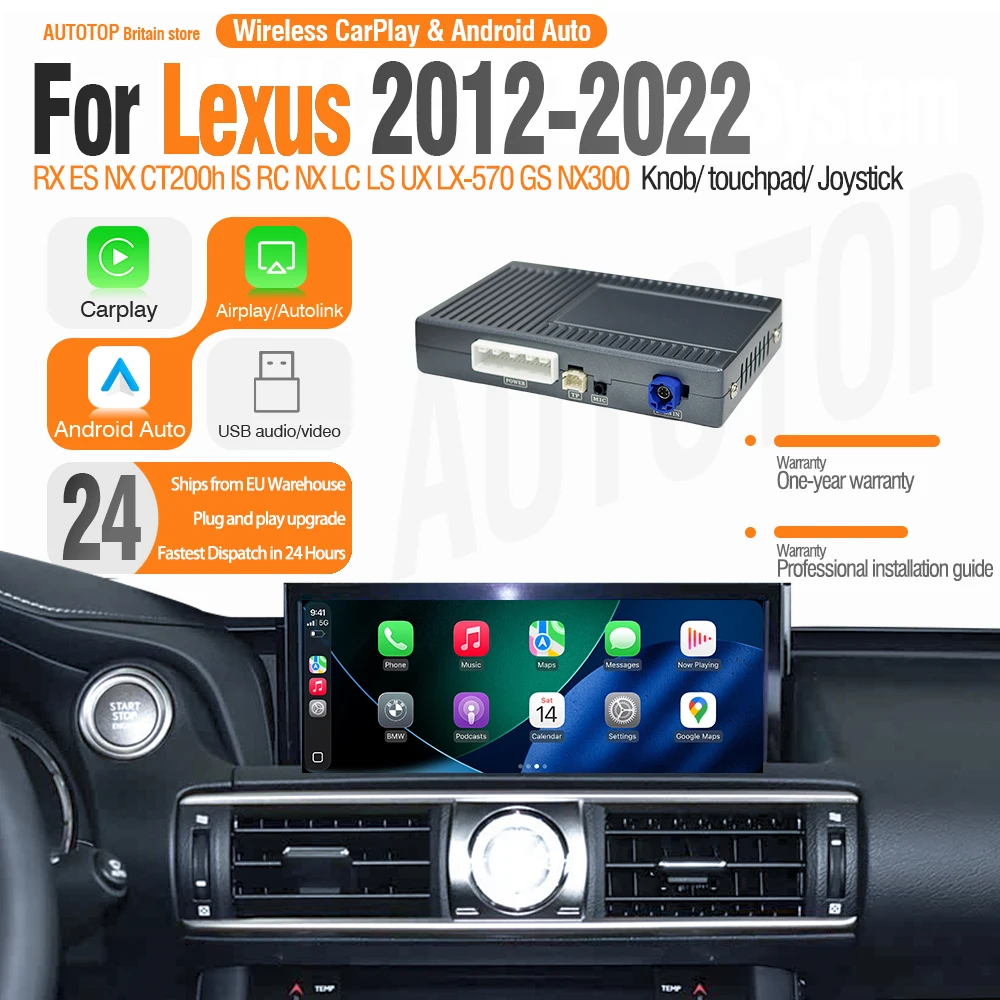 AUTOTOP Wireless CarPlay Android Auto Retrofit Kit for Lexus NX RX IS ES GS RC CT LS LX LC Mirror Link GPS Navigation AUX Module