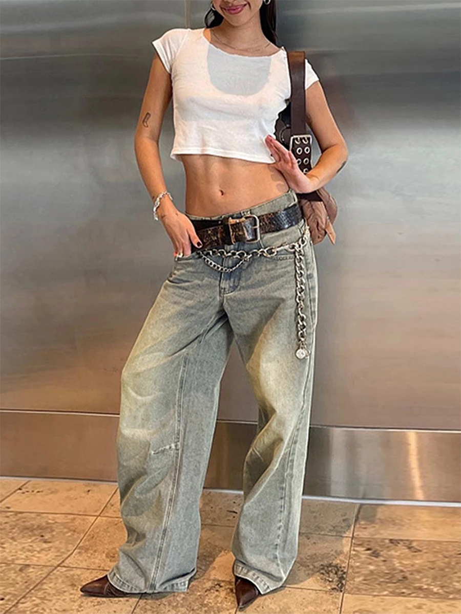 Women Wide Leg Denim Pants Casual Solid Color Loose Jeans Trousers with Pockets for Work Office Streetwear