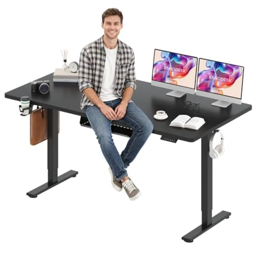 Large Electric Computer Height Adjustable Standing Desk for office use, steel frame, matte black finish, smooth dual-motor lift