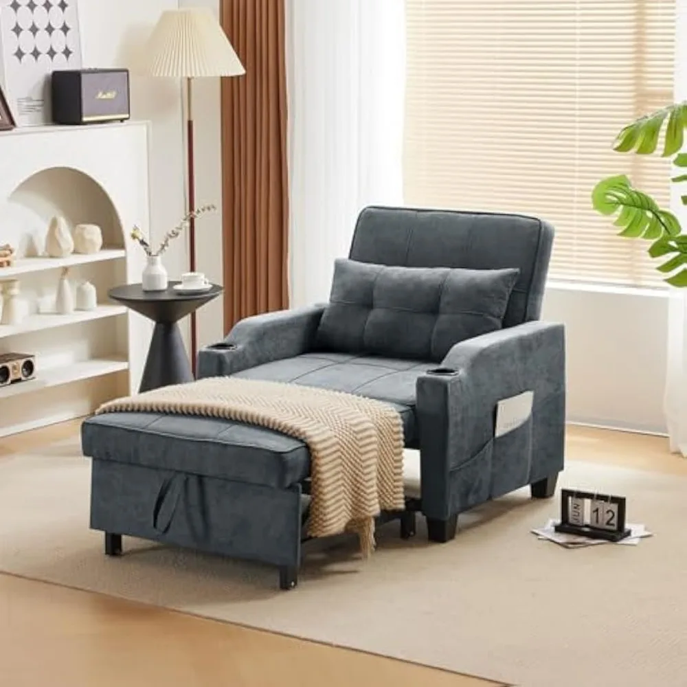 

Dark Grey Modern 3-in-1 Convertible Sofa Bed Chair Recliner with Adjustable Backrest, USB Ports, Cup Holders for Small Spaces L