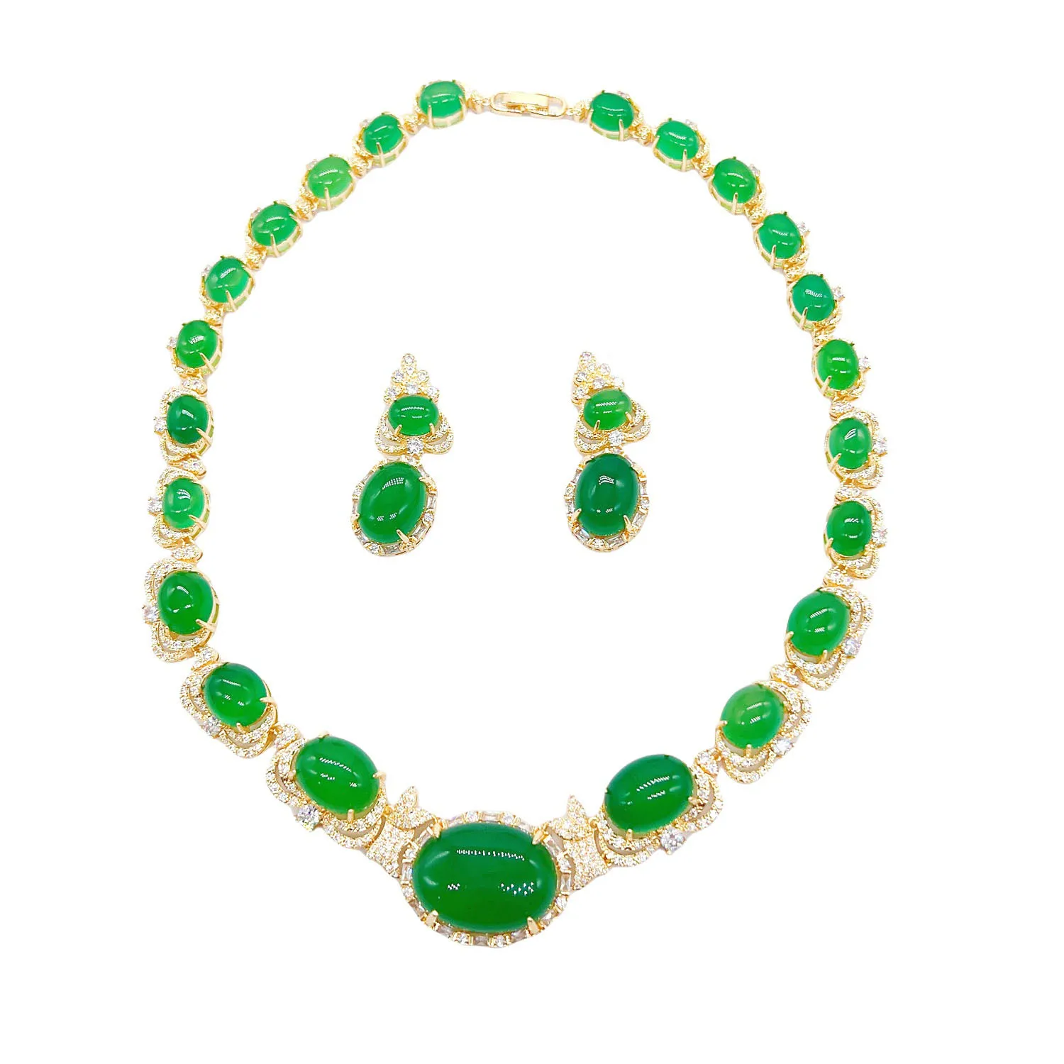 vintage luxury jewelry sets green artificial gemstone wedding dinner party jewelry sets Chinese style gold color
